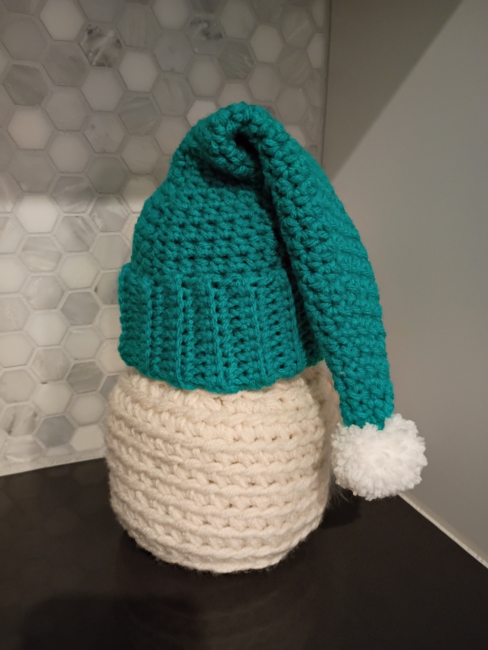 Handmade Teal Knit Gnome with White Beard - Picture 3 of 3